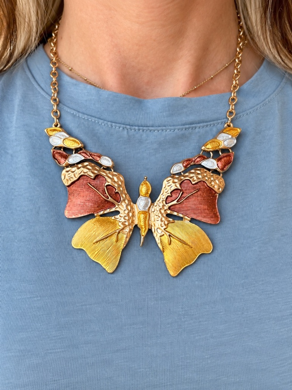 Gold toned and Copper Butterfly Statement Necklace